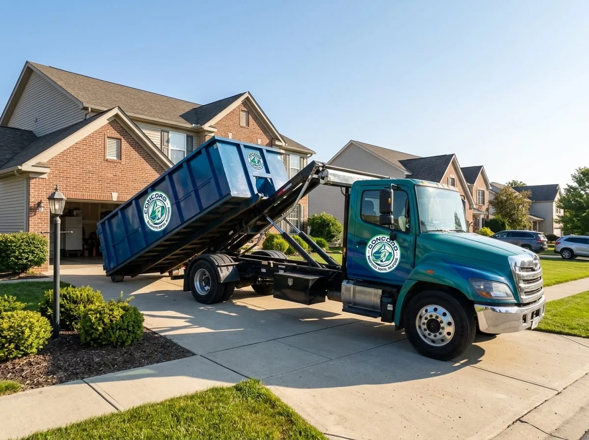 Dumpster rental service areas near Concord NH Roll-off dumpster delivered to a town near Concord in Merrimack County NH
